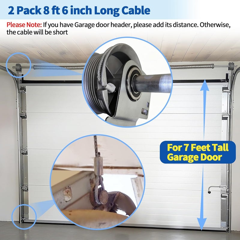 Pulems Garage Door Cables for 7 Ft Door, 8 Ft 6 Inch Long Cable Replacement for Torsion Springs, Garage Door Repair Kit Upgrades of Your Garage Door Springs & Wires Connect Easily to Drums & Bottom Brackets - Image 2